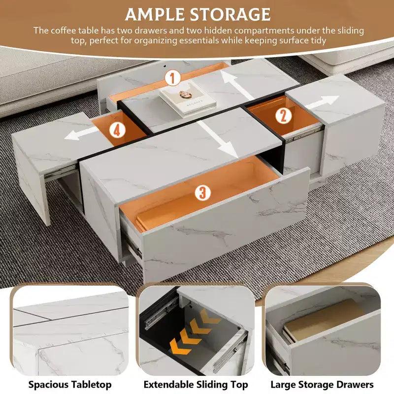 A Rectangular Sliding Top Coffee Table with 2 Drawers and 2 Hidden Storage Spaces, Suitable for the Living Room