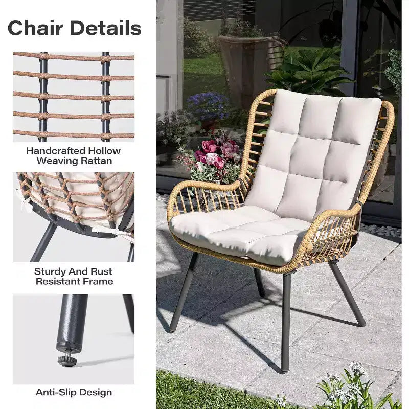 LAUSAINT HOME 3 Piece Outdoor Bistro Set Patio Furniture with Coffee Table and Thick Cushions