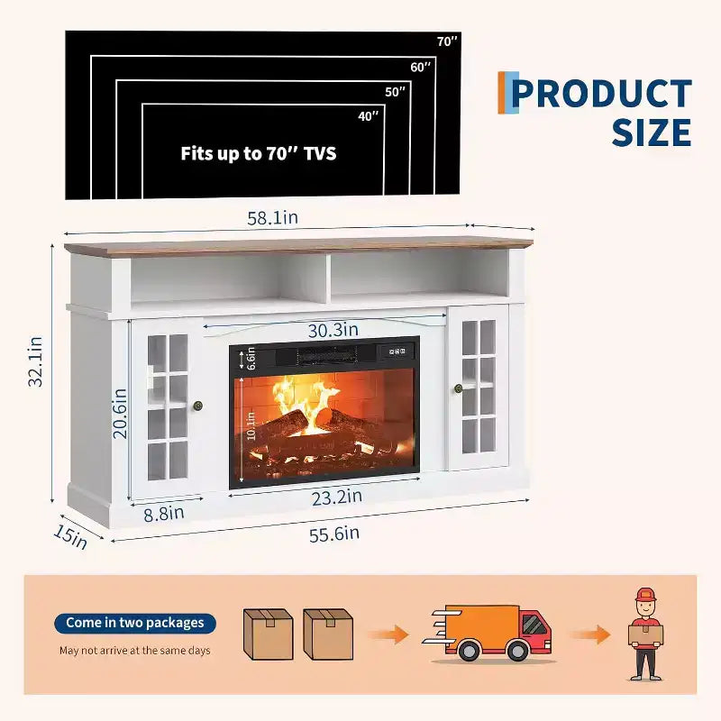 58 Modern TV Stand for 70'' TV - Glass Door Cabinet with Adjustable Shelf, Fits 23'' Electric Fireplace