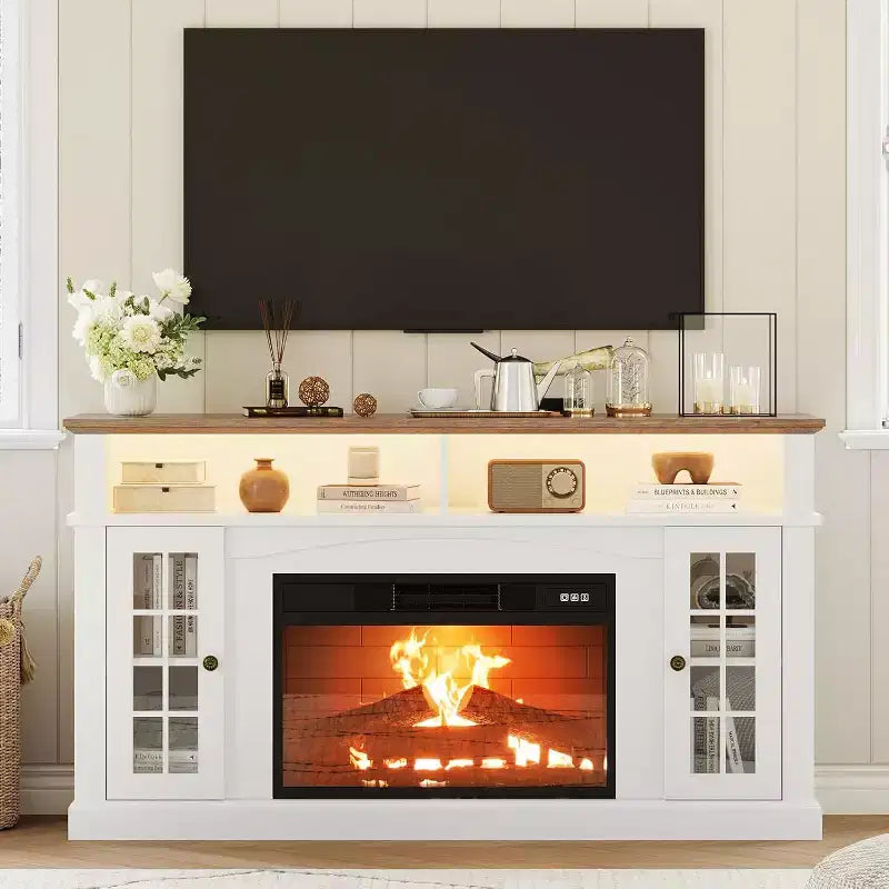 58 Modern TV Stand for 70'' TV - Glass Door Cabinet with Adjustable Shelf, Fits 23'' Electric Fireplace
