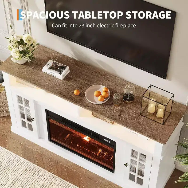 58 Modern TV Stand for 70'' TV - Glass Door Cabinet with Adjustable Shelf, Fits 23'' Electric Fireplace