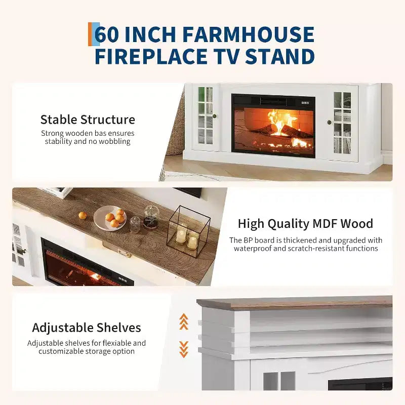 58 Modern TV Stand for 70'' TV - Glass Door Cabinet with Adjustable Shelf, Fits 23'' Electric Fireplace