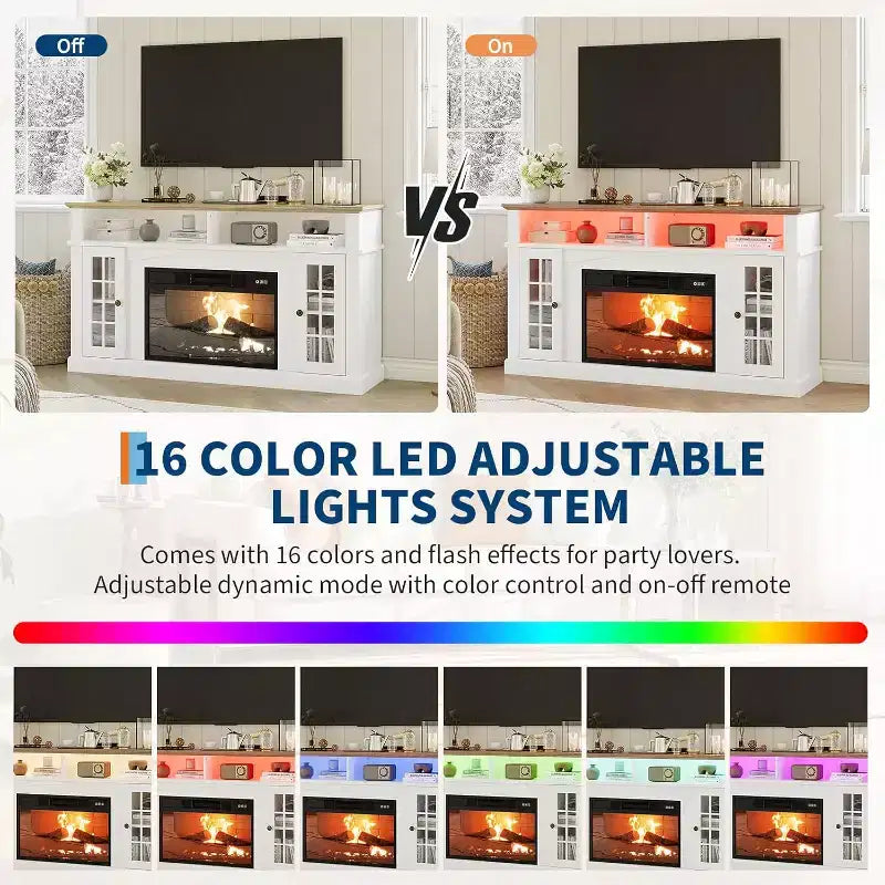 58 Modern TV Stand for 70'' TV - Glass Door Cabinet with Adjustable Shelf, Fits 23'' Electric Fireplace