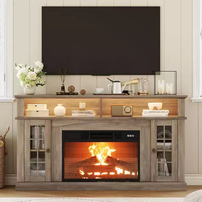 58 Modern TV Stand for 70'' TV - Glass Door Cabinet with Adjustable Shelf, Fits 23'' Electric Fireplace
