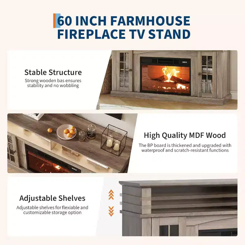 58 Modern TV Stand for 70'' TV - Glass Door Cabinet with Adjustable Shelf, Fits 23'' Electric Fireplace