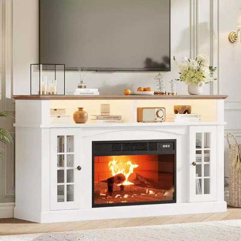 58 Modern TV Stand for 70'' TV - Glass Door Cabinet with Adjustable Shelf, Fits 23'' Electric Fireplace