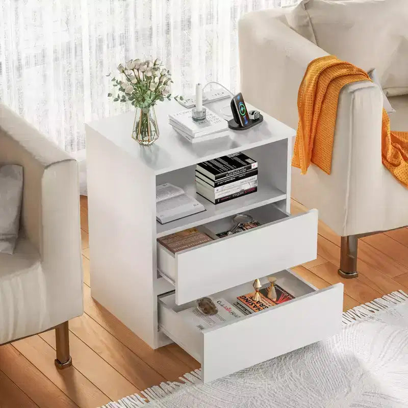 End Table with Fast USB c Charging Station, 2-Drawer Sofa Side Table with Large Storage, Modern White Particle Board Nightstand