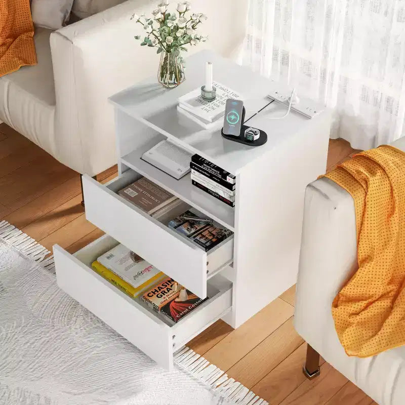 End Table with Fast USB c Charging Station, 2-Drawer Sofa Side Table with Large Storage, Modern White Particle Board Nightstand