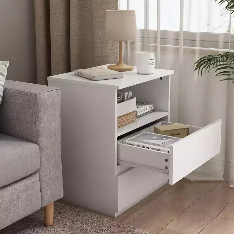 End Table with Fast USB c Charging Station, 2-Drawer Sofa Side Table with Large Storage, Modern White Particle Board Nightstand