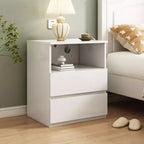 End Table with Fast USB c Charging Station, 2-Drawer Sofa Side Table with Large Storage, Modern White Particle Board Nightstand