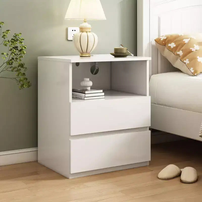 End Table with Fast USB c Charging Station, 2-Drawer Sofa Side Table with Large Storage, Modern White Particle Board Nightstand