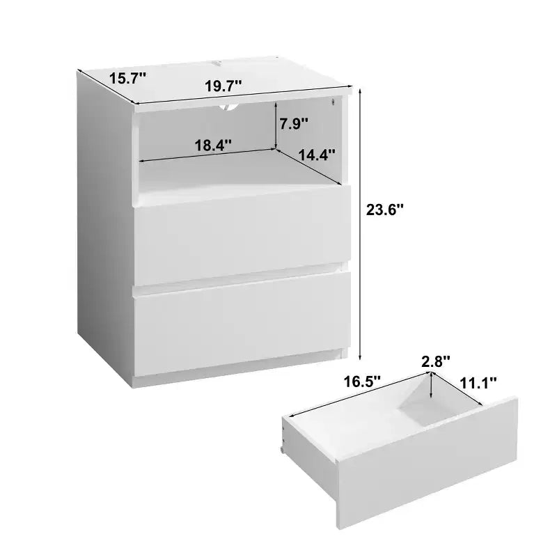 End Table with Fast USB c Charging Station, 2-Drawer Sofa Side Table with Large Storage, Modern White Particle Board Nightstand