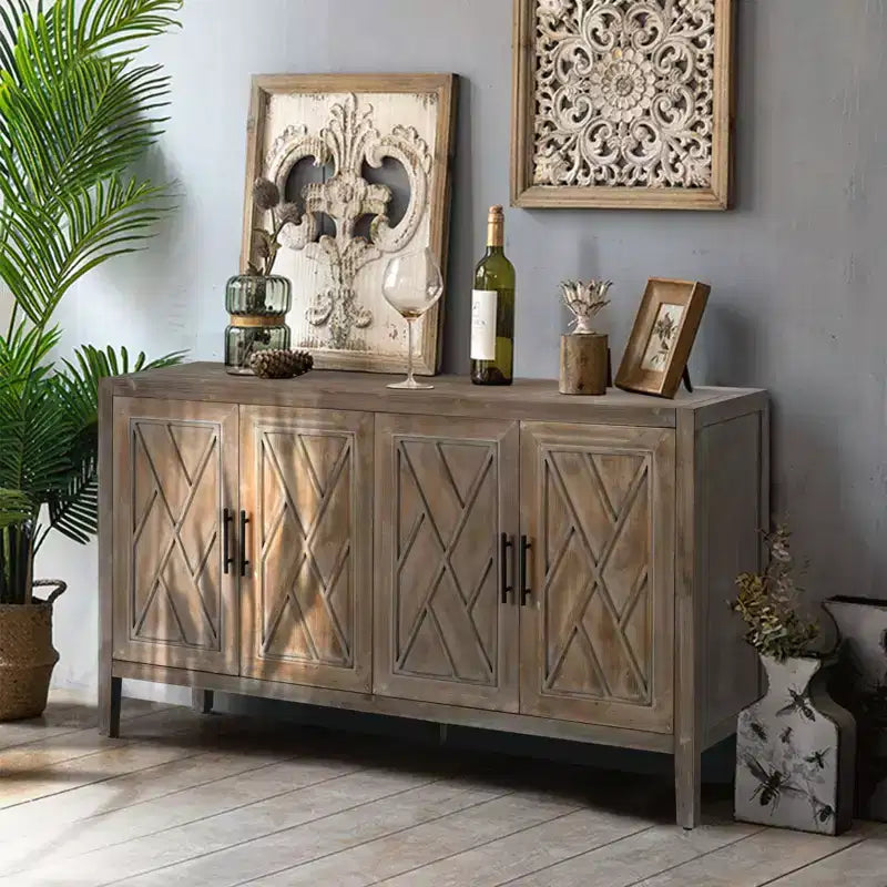 60 Modern Farmhouse Sideboard Buffet, 4-Door Geometric Patterned Accent Storage Cabinet with Adjustable Shelves - Panipeachy