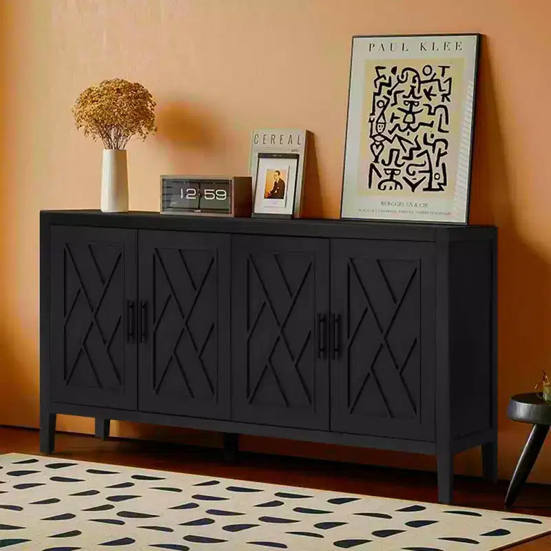60 Modern Farmhouse Sideboard Buffet, 4-Door Geometric Patterned Accent Storage Cabinet with Adjustable Shelves - Panipeachy