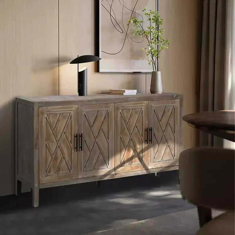 60 Modern Farmhouse Sideboard Buffet, 4-Door Geometric Patterned Accent Storage Cabinet with Adjustable Shelves - Panipeachy