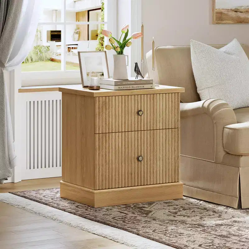 Fluted Nightstand with Drawers, Mid Century Modern Bedside Table for Living Room, Nightstand with Storage