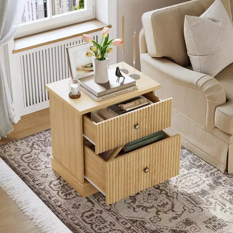 Fluted Nightstand with Drawers, Mid Century Modern Bedside Table for Living Room, Nightstand with Storage