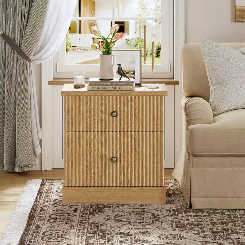 Fluted Nightstand with Drawers, Mid Century Modern Bedside Table for Living Room, Nightstand with Storage