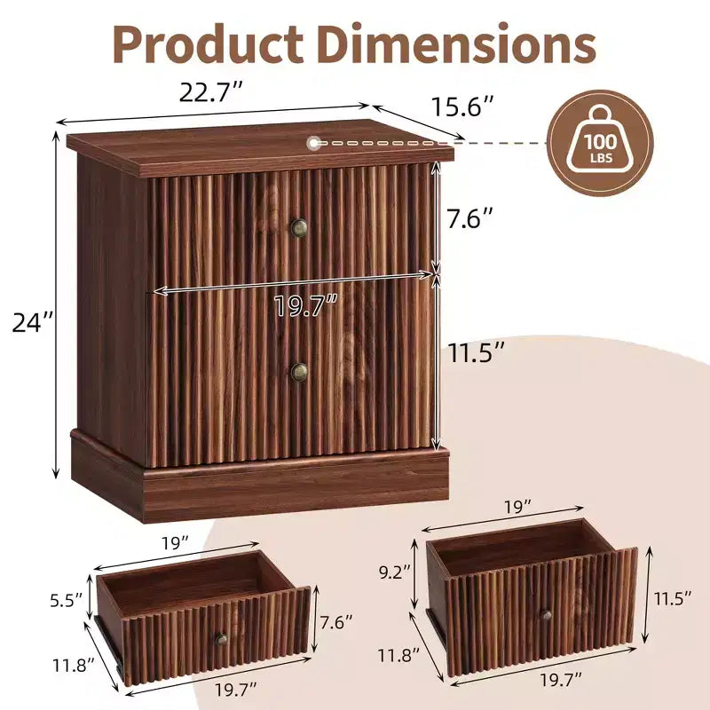 Fluted Nightstand with Drawers, Mid Century Modern Bedside Table for Living Room, Nightstand with Storage