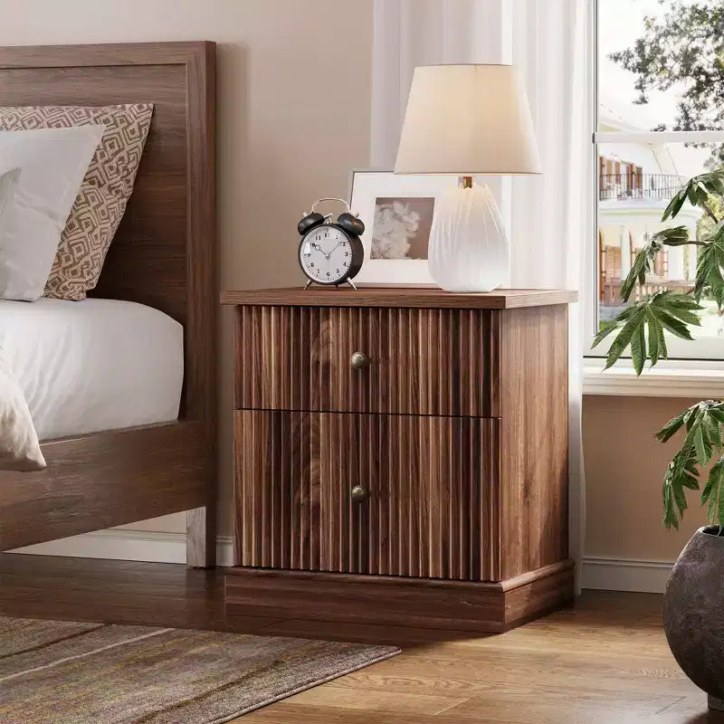 Fluted Nightstand with Drawers, Mid Century Modern Bedside Table for Living Room, Nightstand with Storage