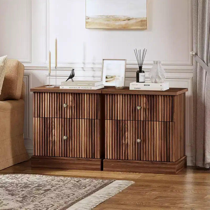 Fluted Nightstand with Drawers, Mid Century Modern Bedside Table for Living Room, Nightstand with Storage