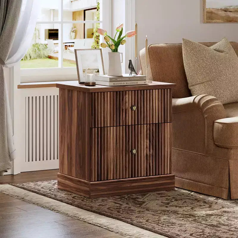 Fluted Nightstand with Drawers, Mid Century Modern Bedside Table for Living Room, Nightstand with Storage