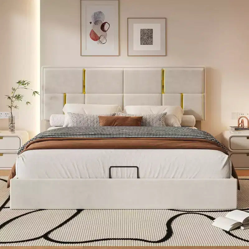 Queen Size PU Leather Upholstered Platform Bed with Hydraulic Storage System, Wooden Bed Frame with Lift Up Storage and Headboard