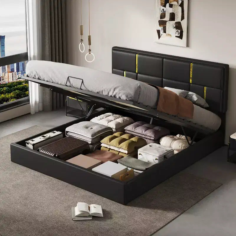 Queen Size PU Leather Upholstered Platform Bed with Hydraulic Storage System, Wooden Bed Frame with Lift Up Storage and Headboard