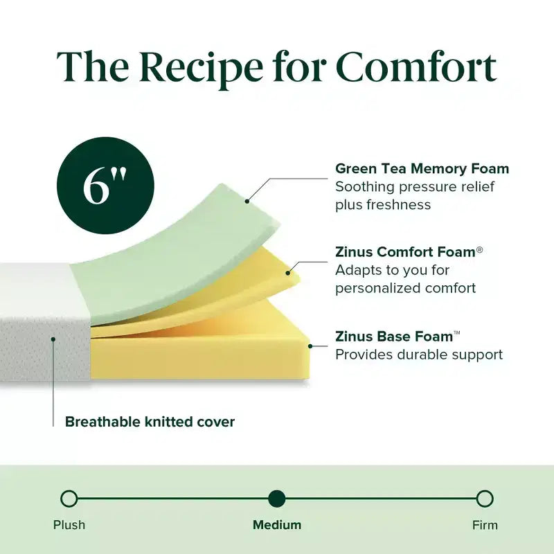 Zinus 6 Inch Queen Green Tea Memory Foam Mattress, Fiberglass Free, Medium Firm Feel, Zoned Pressure Relief, Certified Safe Foams & Fabric