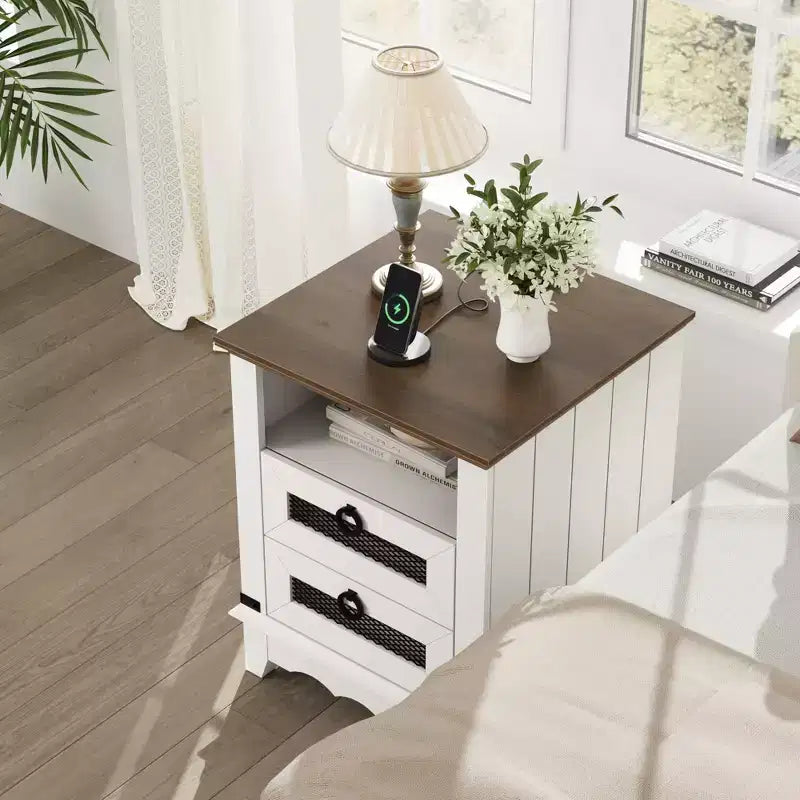 Farmhouse End Table with Charging Station - Rustic Wood Coffee Table - 2 Drawers & Open Shelf - Bedside Accent for Bedroom, Living Room, Home Office
