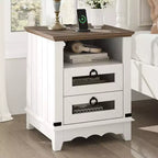 Farmhouse End Table with Charging Station - Rustic Wood Coffee Table - 2 Drawers & Open Shelf - Bedside Accent for Bedroom, Living Room, Home Office