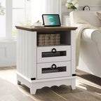 Farmhouse End Table with Charging Station - Rustic Wood Coffee Table - 2 Drawers & Open Shelf - Bedside Accent for Bedroom, Living Room, Home Office