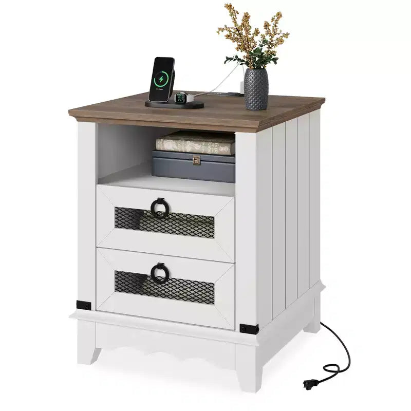 Farmhouse End Table with Charging Station - Rustic Wood Coffee Table - 2 Drawers & Open Shelf - Bedside Accent for Bedroom, Living Room, Home Office