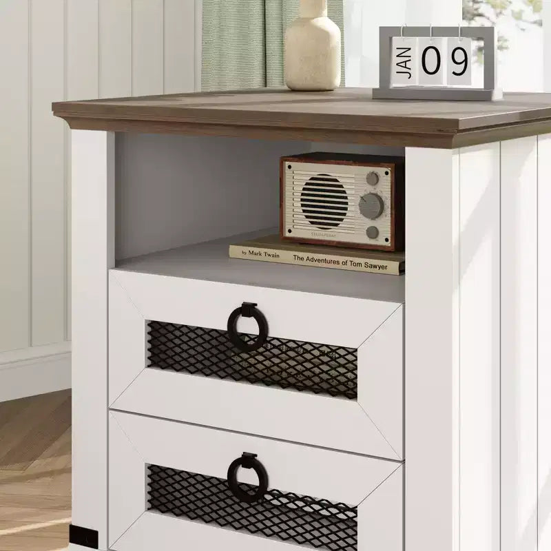 Farmhouse End Table with Charging Station - Rustic Wood Coffee Table - 2 Drawers & Open Shelf - Bedside Accent for Bedroom, Living Room, Home Office