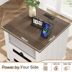 Farmhouse End Table with Charging Station - Rustic Wood Coffee Table - 2 Drawers & Open Shelf - Bedside Accent for Bedroom, Living Room, Home Office