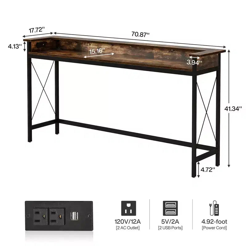 MAYEERTY 70.9-Inch Industrial Console Table, Entryway Sofa Table with Outlets and USB Ports