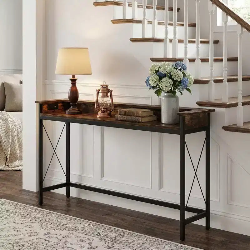 MAYEERTY 70.9-Inch Industrial Console Table, Entryway Sofa Table with Outlets and USB Ports