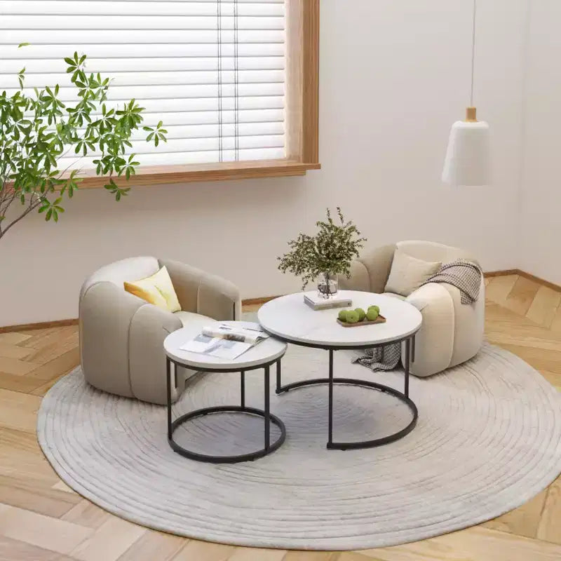 27 Round Nesting Table Set of 2, Industrial Wood-Look Tops with Sturdy Metal Frame, Space-Saving Accent End Tables, White