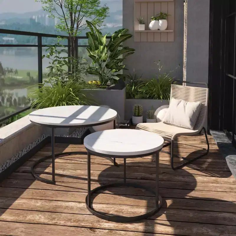 27 Round Nesting Table Set of 2, Industrial Wood-Look Tops with Sturdy Metal Frame, Space-Saving Accent End Tables, White