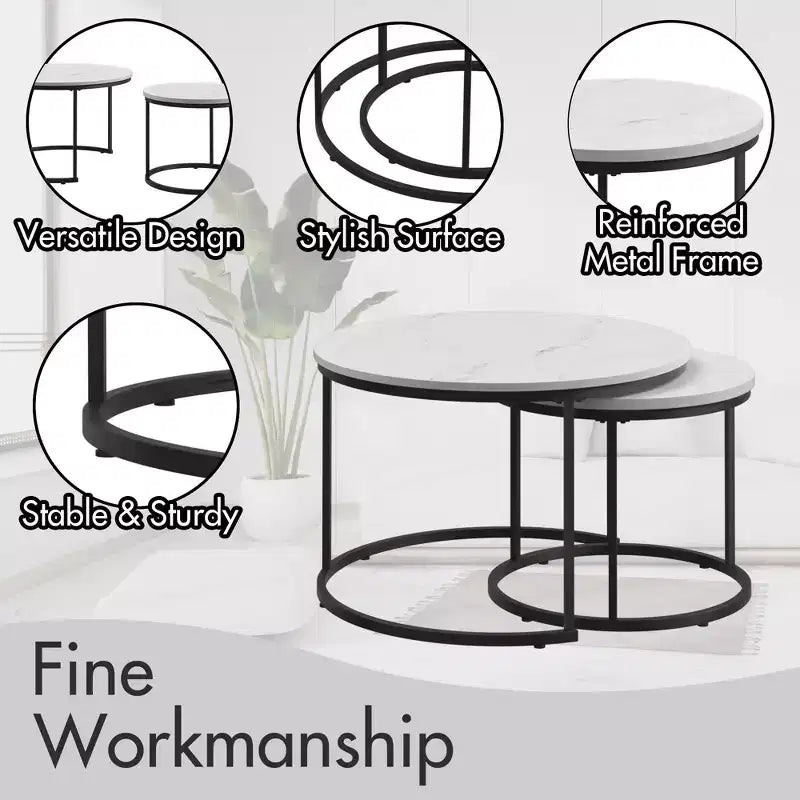 27 Round Nesting Table Set of 2, Industrial Wood-Look Tops with Sturdy Metal Frame, Space-Saving Accent End Tables, White