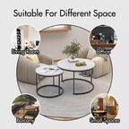 27 Round Nesting Table Set of 2, Industrial Wood-Look Tops with Sturdy Metal Frame, Space-Saving Accent End Tables, White