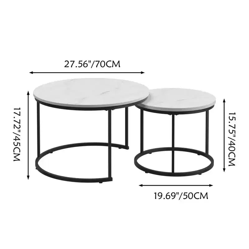 27 Round Nesting Table Set of 2, Industrial Wood-Look Tops with Sturdy Metal Frame, Space-Saving Accent End Tables, White