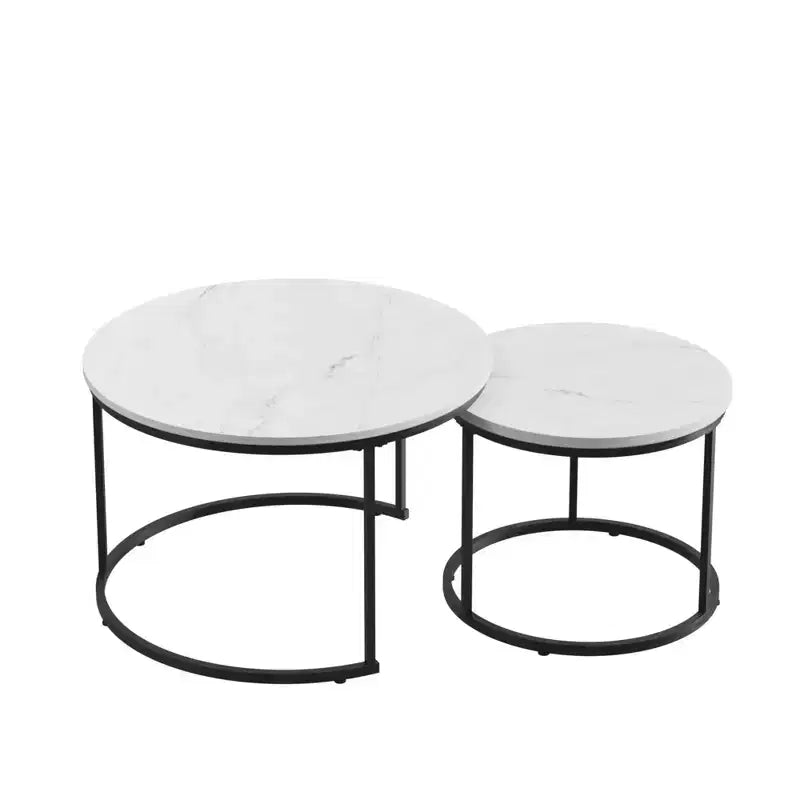 27 Round Nesting Table Set of 2, Industrial Wood-Look Tops with Sturdy Metal Frame, Space-Saving Accent End Tables, White