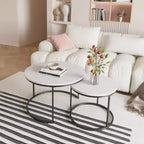 27 Round Nesting Table Set of 2, Industrial Wood-Look Tops with Sturdy Metal Frame, Space-Saving Accent End Tables, White