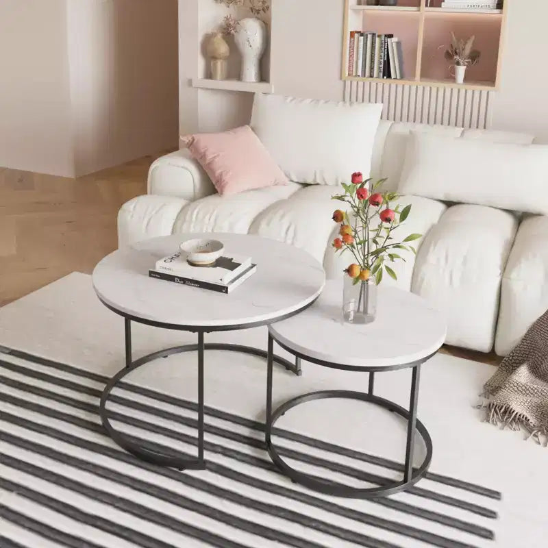 27 Round Nesting Table Set of 2, Industrial Wood-Look Tops with Sturdy Metal Frame, Space-Saving Accent End Tables, White
