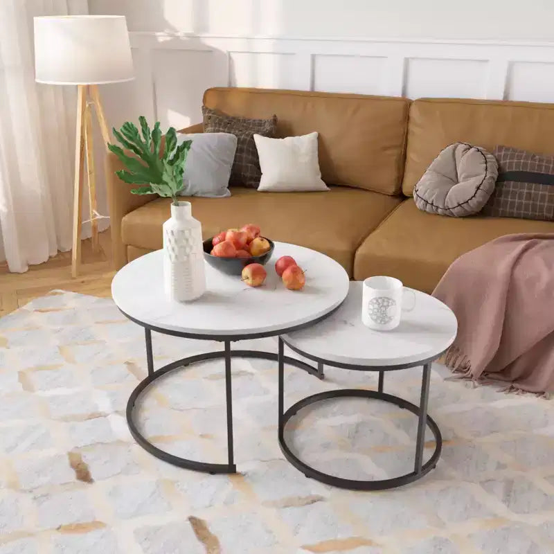 27 Round Nesting Table Set of 2, Industrial Wood-Look Tops with Sturdy Metal Frame, Space-Saving Accent End Tables, White