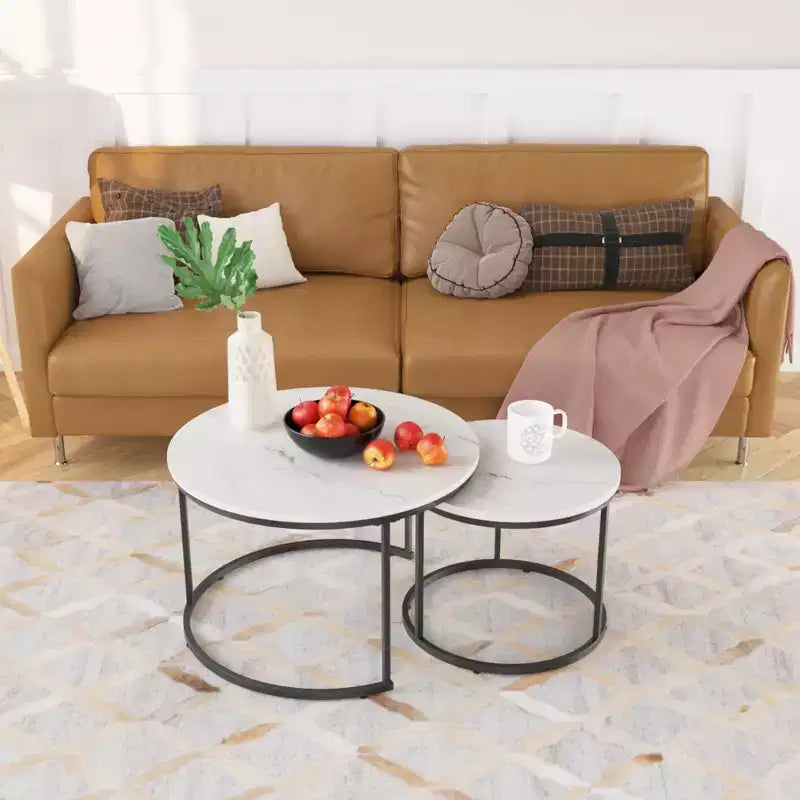27 Round Nesting Table Set of 2, Industrial Wood-Look Tops with Sturdy Metal Frame, Space-Saving Accent End Tables, White