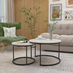 27 Round Nesting Table Set of 2, Industrial Wood-Look Tops with Sturdy Metal Frame, Space-Saving Accent End Tables, White