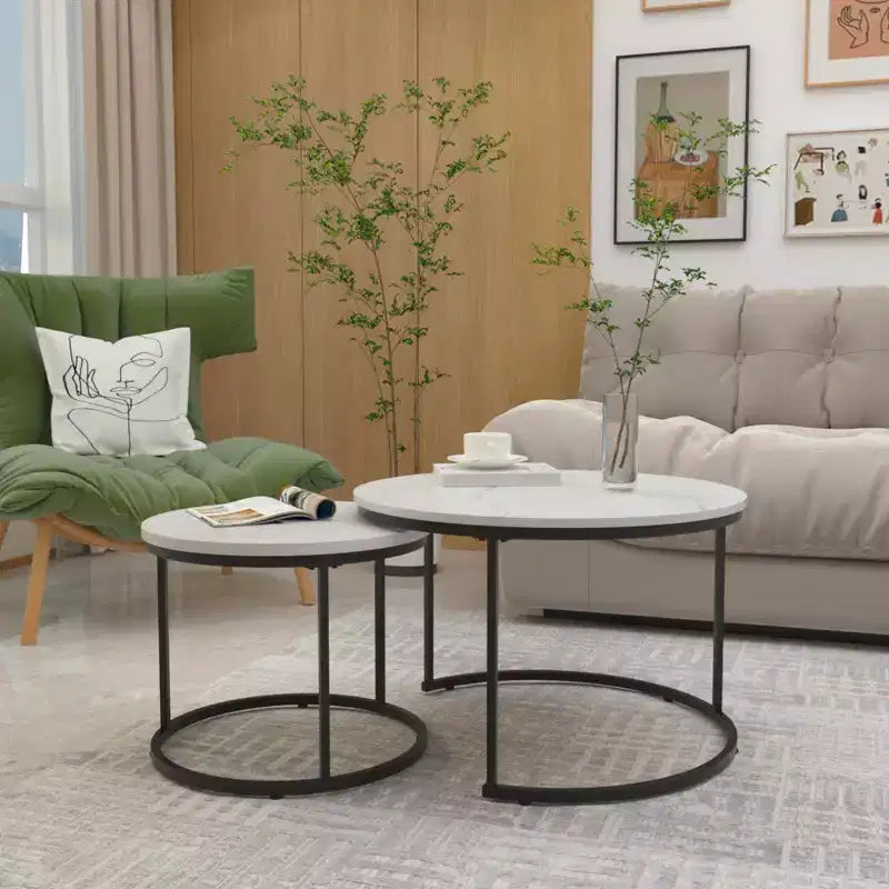 27 Round Nesting Table Set of 2, Industrial Wood-Look Tops with Sturdy Metal Frame, Space-Saving Accent End Tables, White