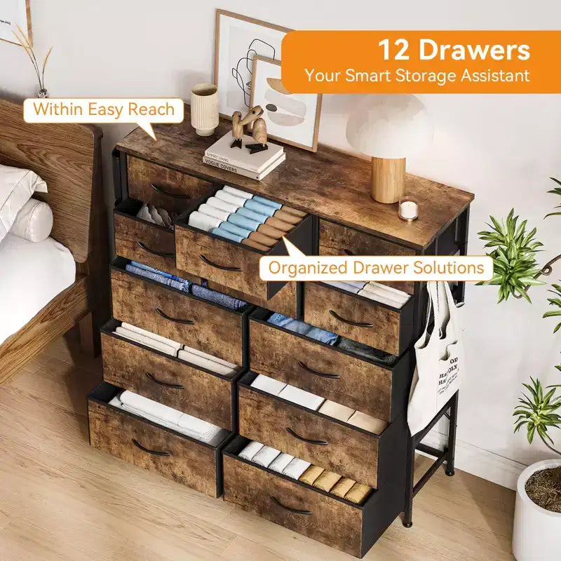 Dresser for Bedroom with 12 Drawer, Dressers & Chests of Drawers for Hallway, Entryway, Storage Organizer Unit with Fabric, Sturdy Metal Frame